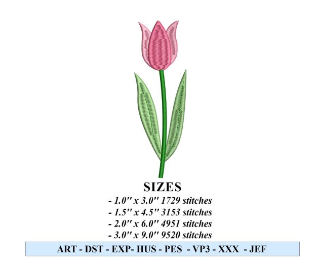 Pink tulip with two green leaves. Sizes, stitch counts and formats are included.